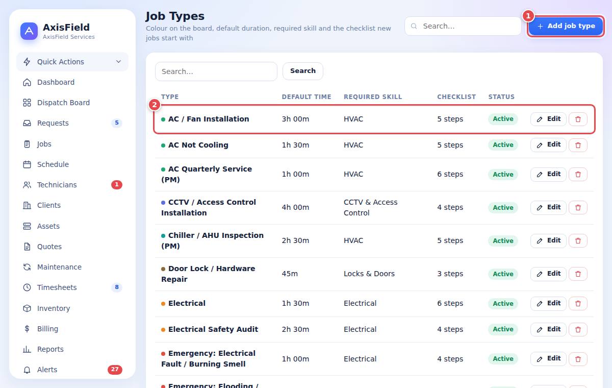 Job types list