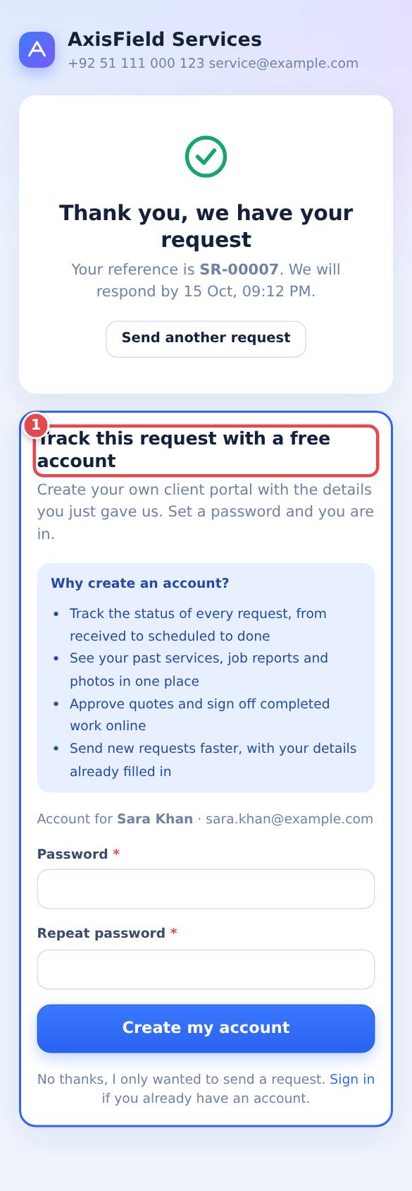 After sending a request: create your account