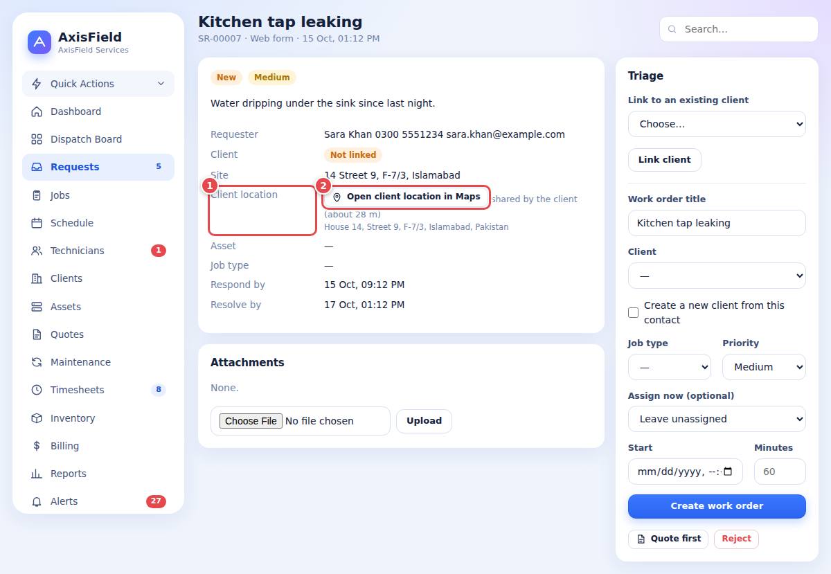 A request with the client location