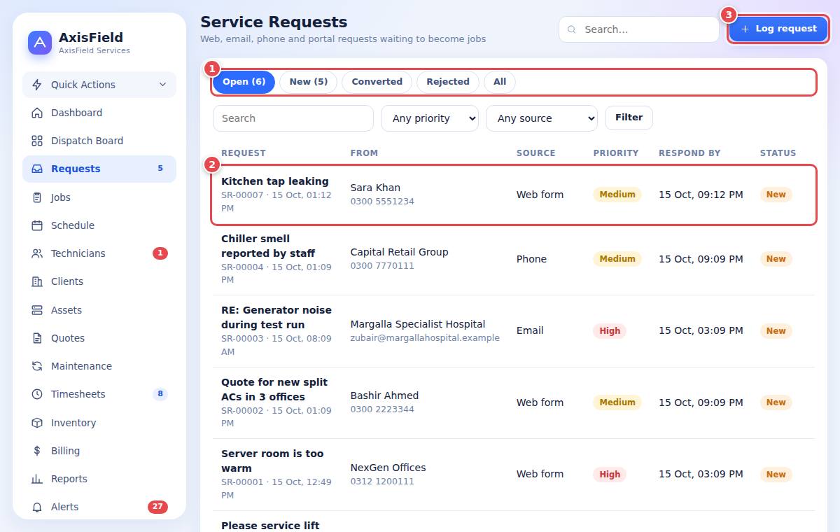 The request list: new requests first
