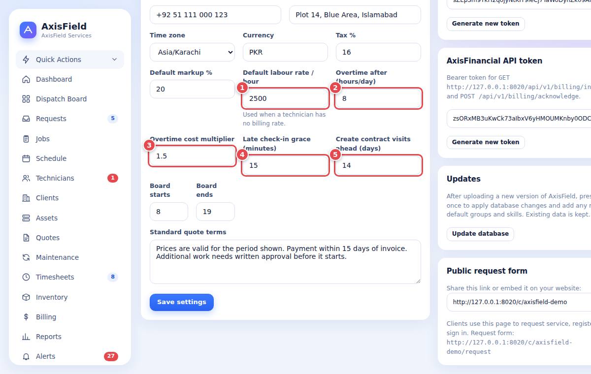 Settings: rates and rules