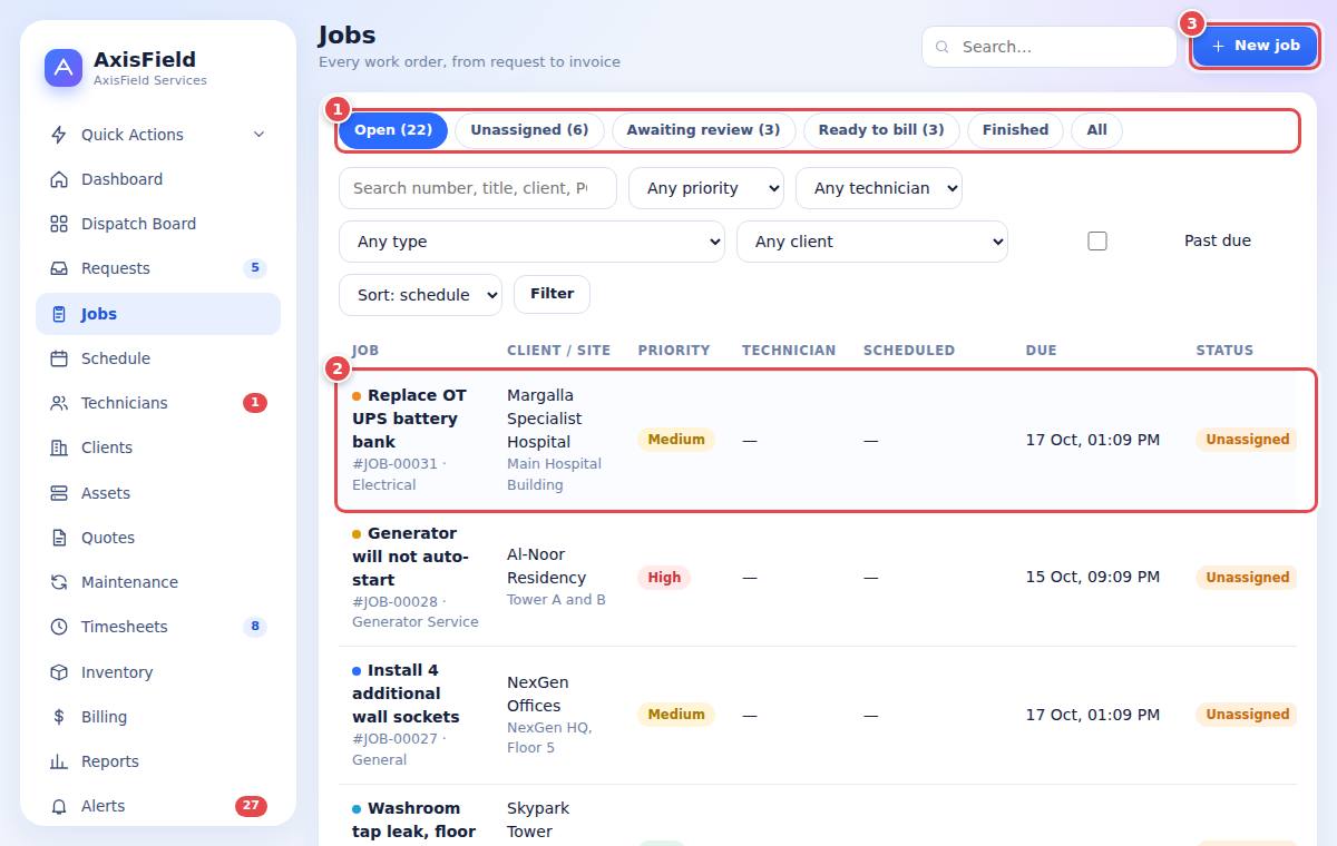 The jobs list