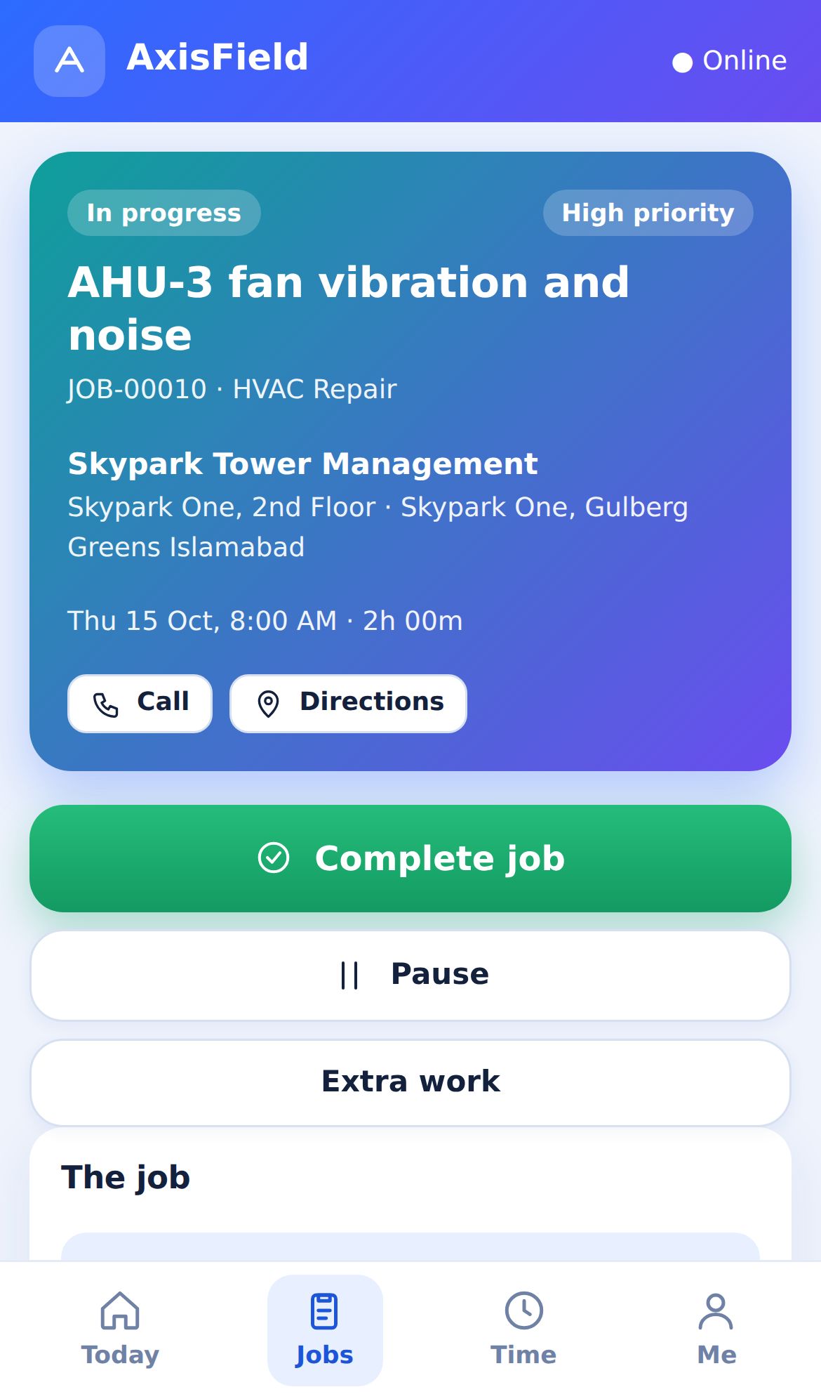 Technician app, job card